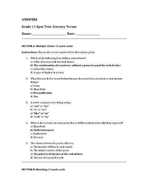 Literary Terms Test And Answer Key