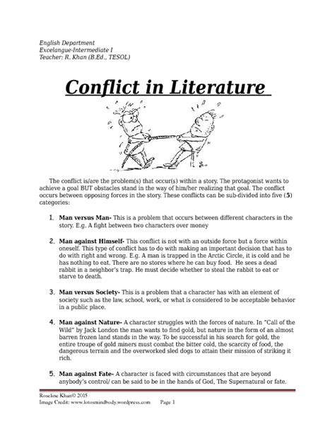 Literature In Conflict Lecture Sheet Busyteacher Conflict In Literature Worksheet - Conflict In Literature Worksheet