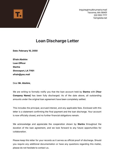 loan discharge letter sample