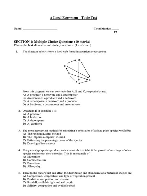 Local Ecosystem Topic Test Year 11