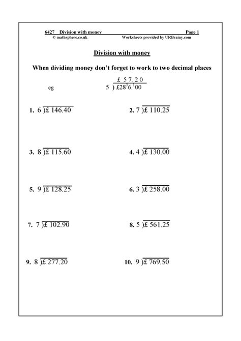 Long Division With Money Worksheet Math Salamanders Division With Money - Division With Money