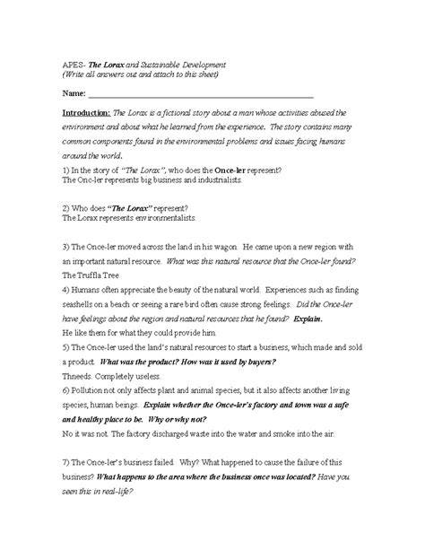 lorax and sustainable development answer key