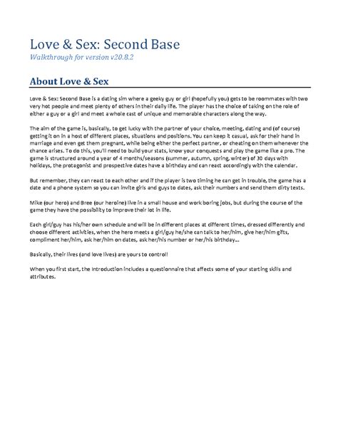 Love And Second Base Walkthrough