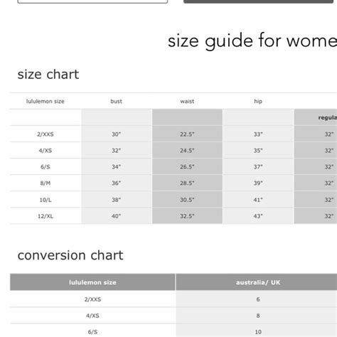 Lululemon Sizing Chart Tops