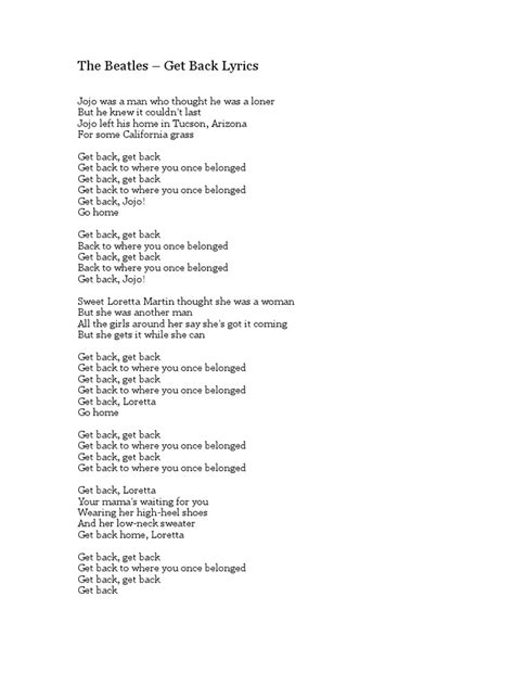 Lyrics For Get Back Beatles