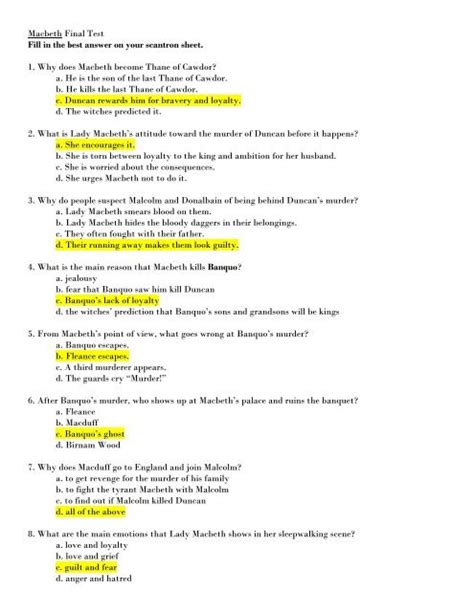Macbeth Final Test With Answers