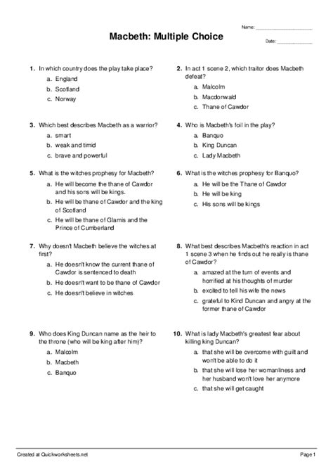Macbeth Multiple Choice Questions And Answers