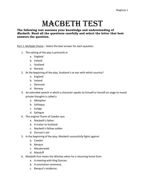 Macbeth Multiple Choice Test Answers