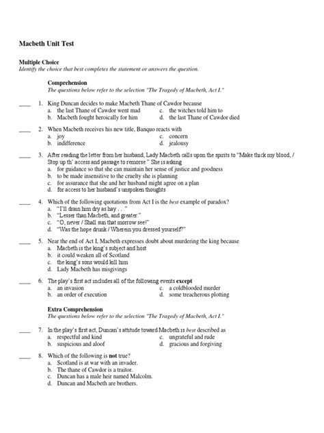 Macbeth Test And Answers