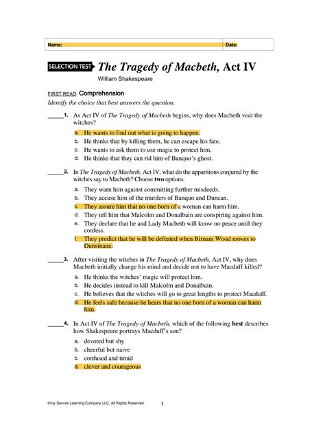 Macbeth Worksheets With Answers