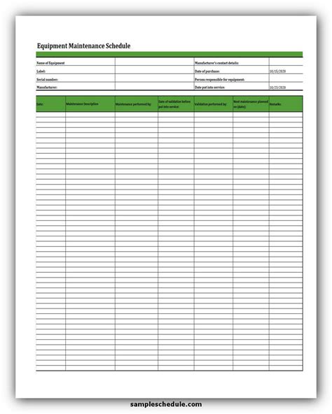 machine maintenance schedule template excel