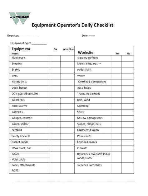machine operator daily checklist