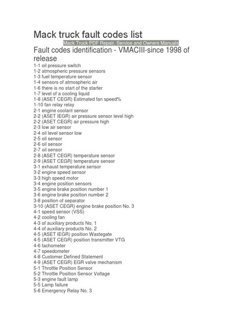 mack truck fault codes