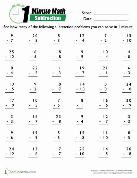 Mad Minute Math Subtraction Minute Subtraction - Minute Subtraction