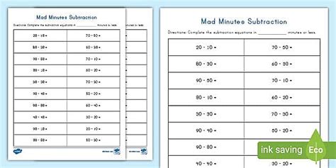Mad Minutes Subtracting Multiples Of Ten Activity Twinkl Mad Minutes Subtraction - Mad Minutes Subtraction