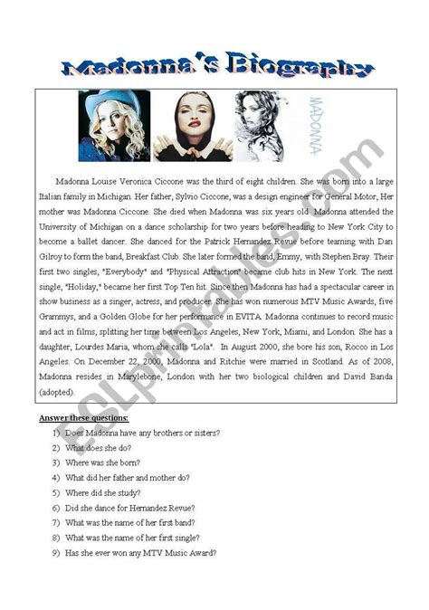 madonna biography timeline worksheet