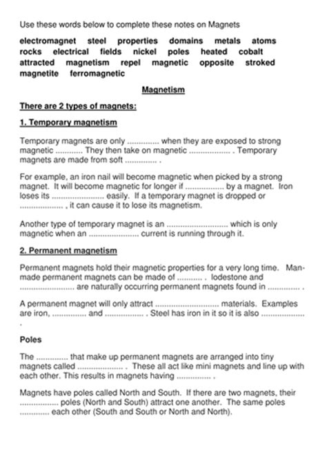 magnetism cloze answer key