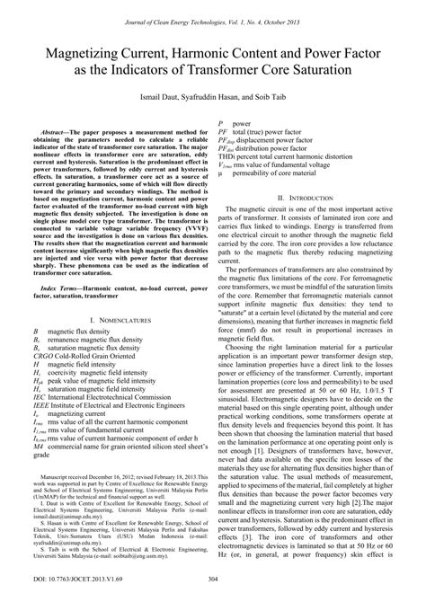 Magnetizing Current Harmonic Content And Power Factor As