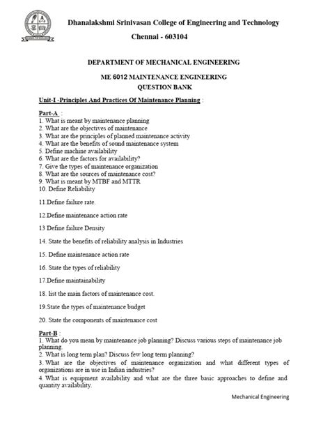 Maintenance Engineering Question Bank