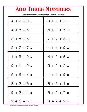 Make Ten With Three Addends First Grade Math 3 Addends Worksheet - 3 Addends Worksheet