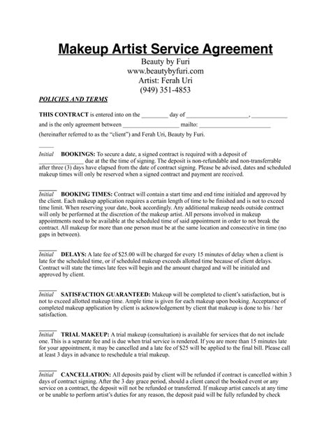 makeup artist client contract template