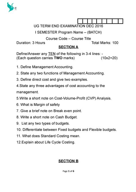 Management Accounting Question Paper