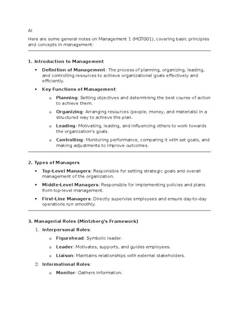 management concepts notes for objective type questions