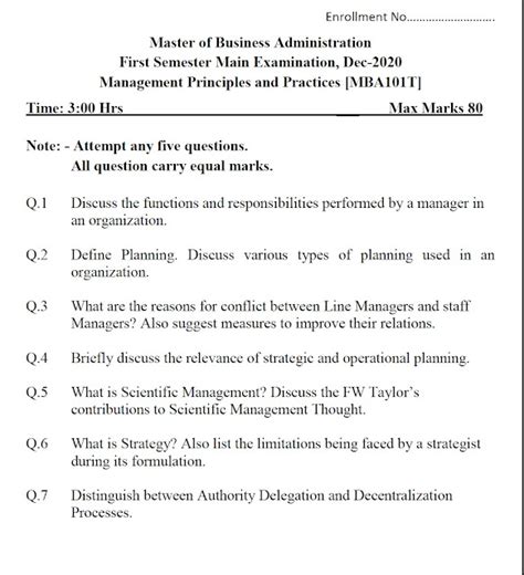 Management Principles For Mba Question Paper