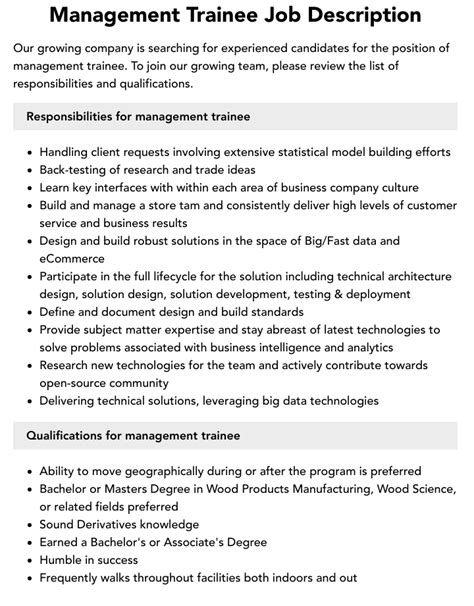 Management Trainee Job Description