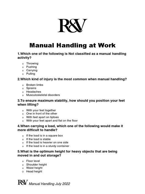 manual handling questions multiple choice