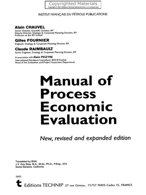 Manual Of Process Economic Evaluation Institut Francais Du Petrole Publications
