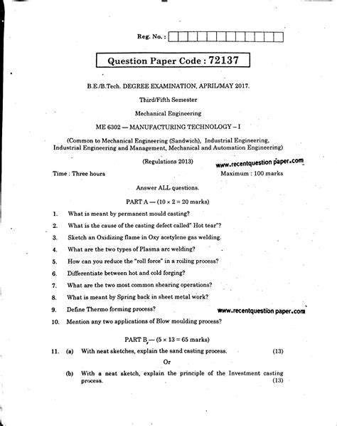 Full Download Manufacturing Technology 1 Anna University Question Paper 