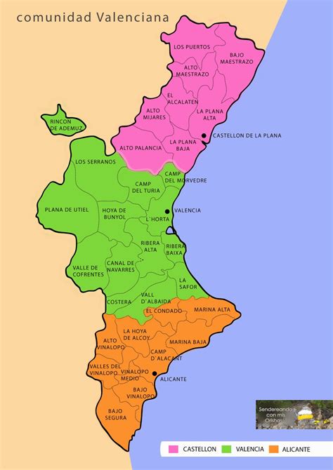 Mapa de la Comunidad Valenciana: Comarcas y Capitales