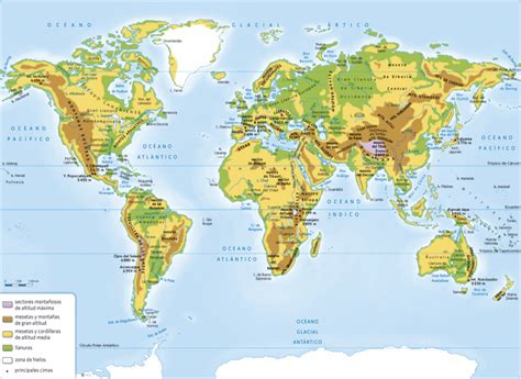 Mapa del relieve del mundo: explora las cadenas montañosas, mesetas y llanuras del planeta