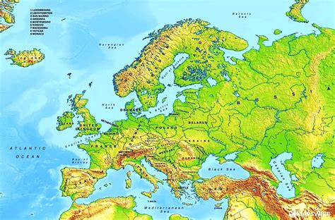 Mapa físico de Europa con el nombre de los países