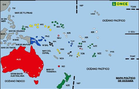 Mapa político de Oceanía: países y capitales del continente insular.