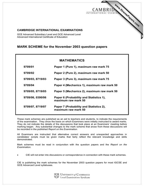 Read Online Mark Scheme For The November 2003 Question Papers Mathematics 