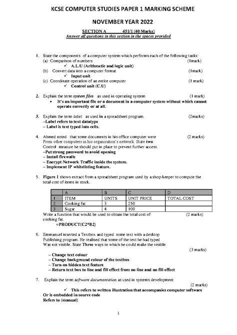 Marking Scheme Computer Studies Paper 1 2013