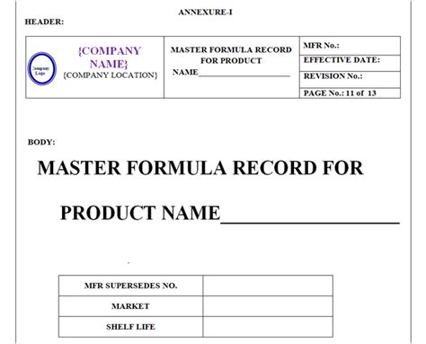 Master Formula Record