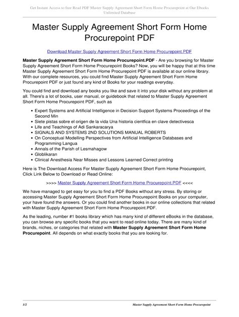 Read Master Supply Agreement Short Form Home Procurepoint 