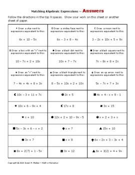 Matching Algebraic Expressions By Simplifying Combining Like Tpt Matching Algebraic Expressions Worksheet - Matching Algebraic Expressions Worksheet