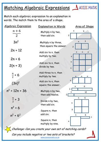 Matching Algebraic Expressions Teaching Resources Matching Algebraic Expressions Worksheet - Matching Algebraic Expressions Worksheet