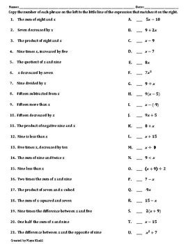 Matching Phrases To Algebraic Expressions Worksheet I Tpt Matching Algebraic Expressions Worksheet - Matching Algebraic Expressions Worksheet
