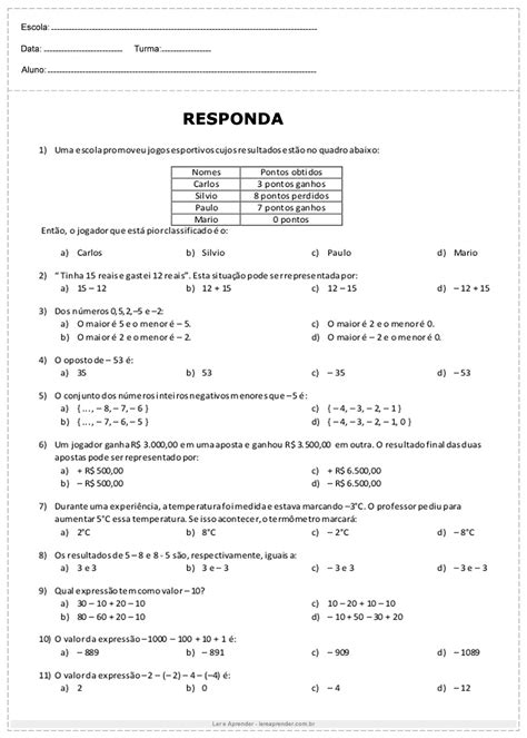Matematica Do 7 Ano Exercicios