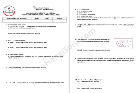 matematik 9 sınıf 1 dönem 1 yazılı