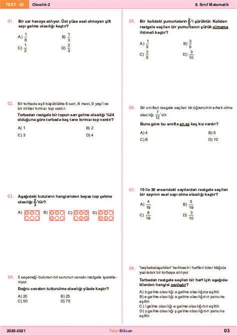 matematik test çöz 8 sınıf olasılık