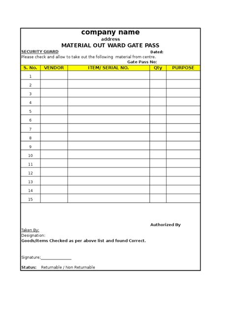 Material Out Gate Pass Format