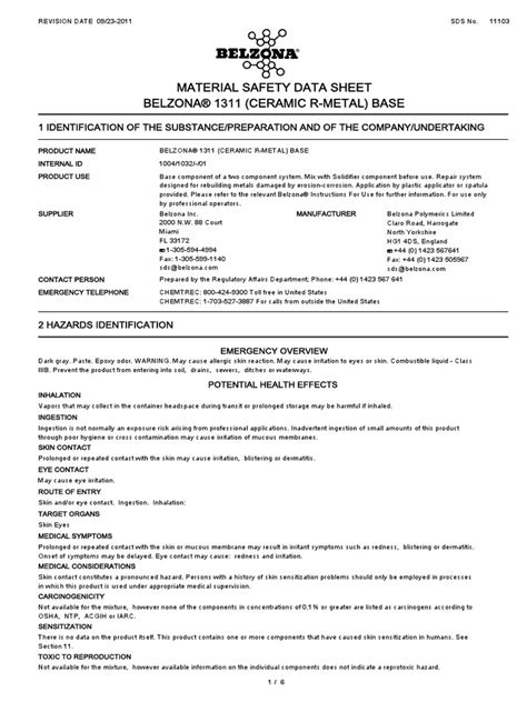 Material Safety Data Sheet Belzona 1111 Super Metal Base