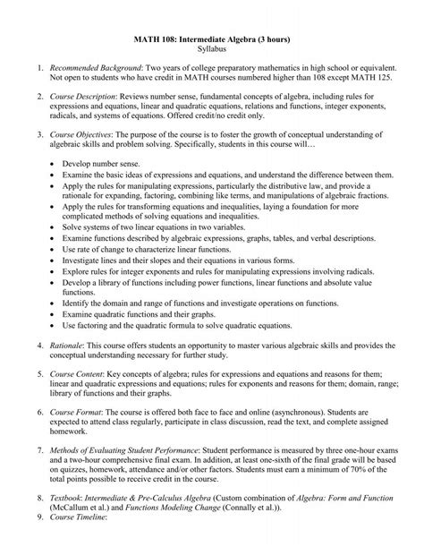 Math 108 Intermediate Algebra Course Syllabus