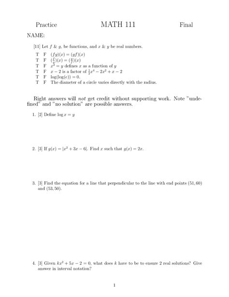 Math 111 College Algebra Final Practice Problems